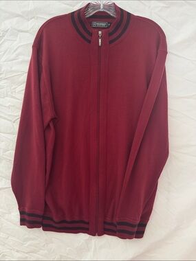 Henderson Burgundy Zip Merino Wool Sweater with Black Stripe Trim